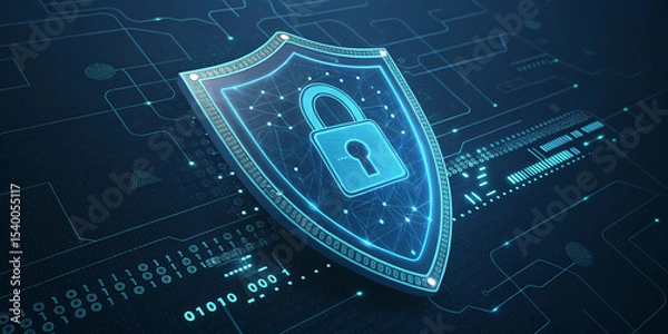 Fototapeta Cybersecurity Shield Featuring a Digital Lock and Binary Code for Enhanced Data Protection