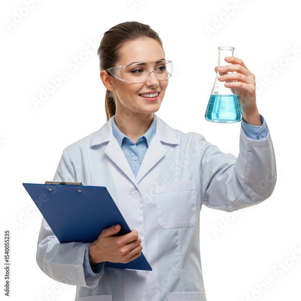 Obraz Female scientist holding flask and clipboard isolated on transparent background