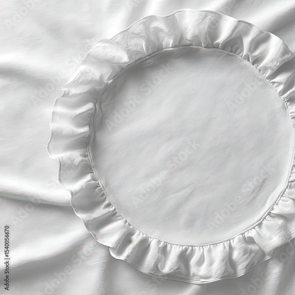 Fototapeta A white circular pillowcase with a ruffled edge, rests on smooth white fabric