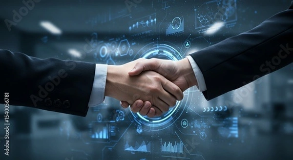 Fototapeta Business handshake with digital overlay represents deal