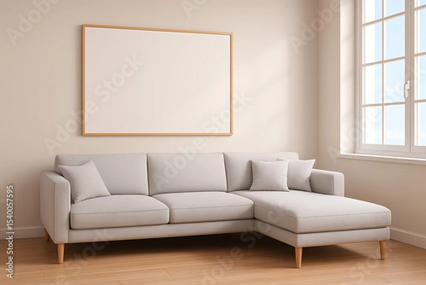 Fototapeta Modern light grey sectional sofa with blank canvas