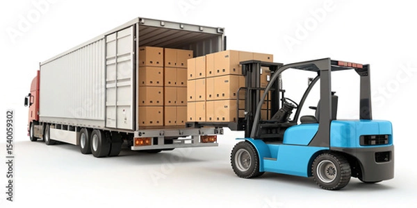 Fototapeta Innovative 3D Rendered Concept of a Blue Forklift Loading Cardboard Boxes