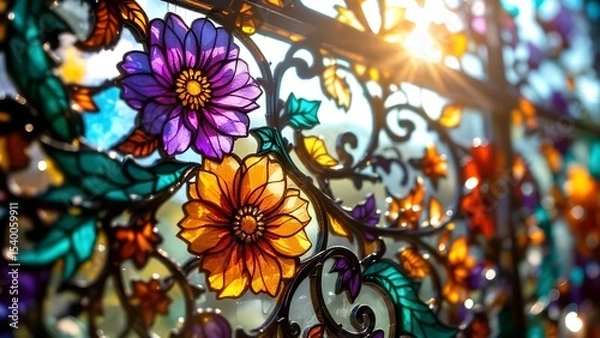 Fototapeta Colorful floral stained glass window with sunlight shining through