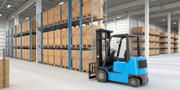Fototapeta Detailed 3D Rendering of a Blue Forklift Operating in a Large Warehouse