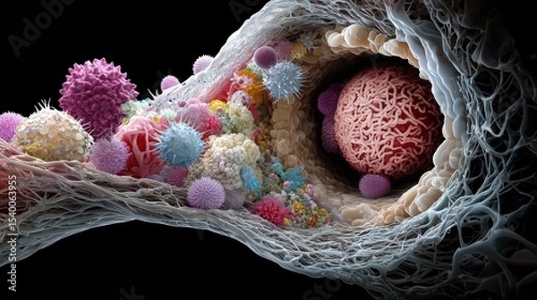 Fototapeta Exploring the Intricacies of Cancer Cells Through a Microscope with Flower Imagery to Represent Healing and Hope