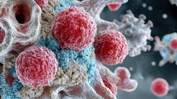 Fototapeta Stunning Close-Up Insight Into Lung Cancer Cells Undergoing Uncontrolled Mitosis Highlighting Red and Blue Cell Characteristics