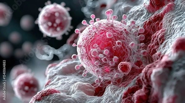 Fototapeta A Stunning Close-Up Examination of a Red and White Virus Under Laboratory Conditions Reveals Intriguing Details of Spherical Bacteria