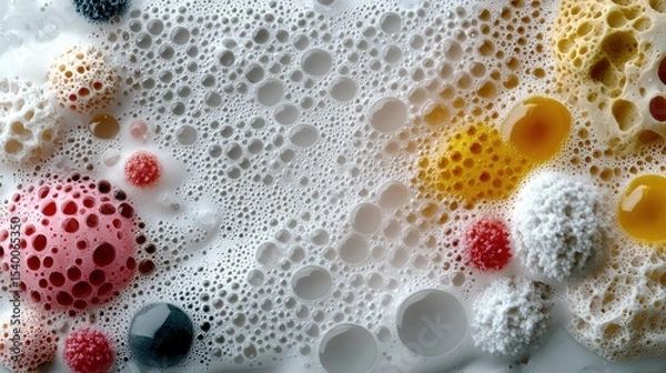 Fototapeta Exploring the Microscopic World of Stained Human Cheek Cells on a White Surface with Bubbles in Medical Laboratory Experiments