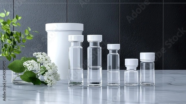 Fototapeta Exploring the Intersection of Nature and Science: A Beautiful Vase with Flowers Amidst Sterile Laboratory Equipment