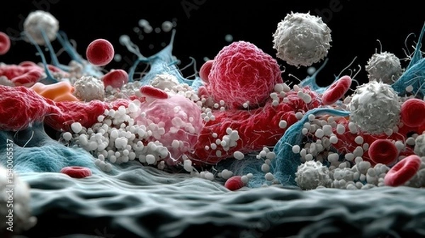 Fototapeta A Zoomed-In Insight into Microscopic Views of White Blood Cells During Immune Response in Medical Laboratory Experiments