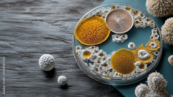 Fototapeta Exploring the Microscopic World of Fungal Spores Through Laboratory Experiments with Fascinating Yellow and White Flowers