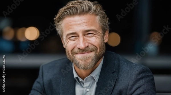 Obraz Candid portrait of mature bearded man in formal blazer smiling warmly, representing leadership, trust, and confidence in business