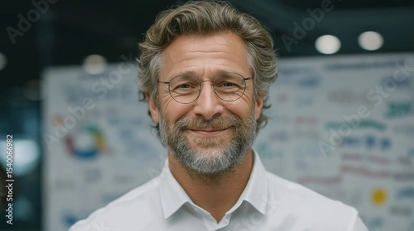 Obraz Smiling senior businessman in white shirt and glasses standing in front of blurry strategy charts in modern business environment