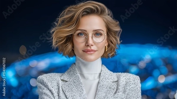 Obraz Confident female executive in stylish blazer and glasses standing against blue bokeh background with assertive and poised expression