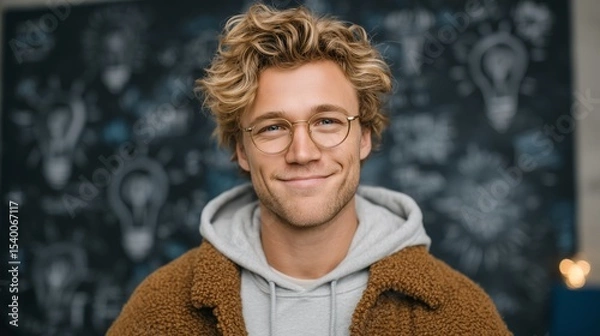 Obraz Young creative entrepreneur smiling confidently in front of chalkboard filled with sketches of ideas and light bulb illustrations