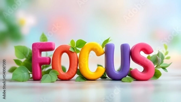 Fototapeta Focus word in colorful letters with green leaves, motivation and productivity concept