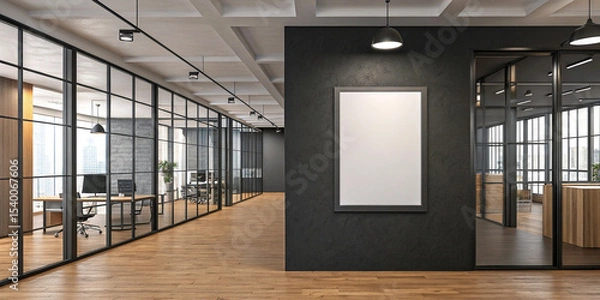 Fototapeta Sophisticated Blank Poster Mockup on a Dark Wall in a Modern Office Space