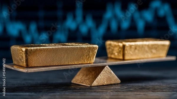 Obraz Two gold bars placed unevenly on a metallic balance scale over wooden surface with blurry financial chart in background representing market fluctuation and value comparison in gold investment