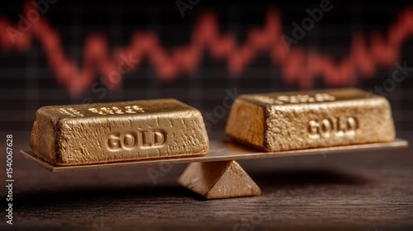 Obraz Two textured gold bars balanced on a scale over wooden surface with red fluctuating stock chart background symbolizing financial volatility