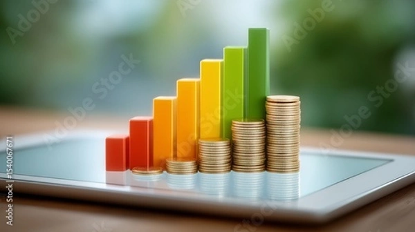 Obraz Colorful bar chart and stacked gold coins rising on digital tablet screen symbolizing financial growth and investment success