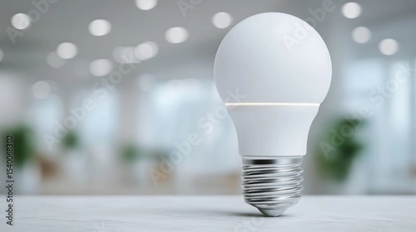 Obraz Compact smart LED bulb placed on clean white tabletop with a soft modern office blur and circular light bokeh in the background