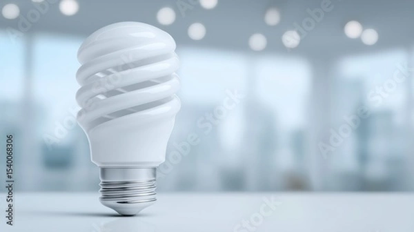 Obraz Close-up of modern spiral CFL bulb in soft daylight office with abstract blurred cityscape and circular ceiling lights in background