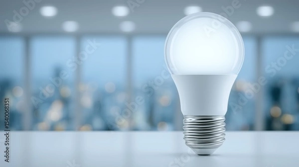 Obraz Round white LED bulb glowing with soft bokeh light in modern office interior featuring a panoramic city view through large windows
