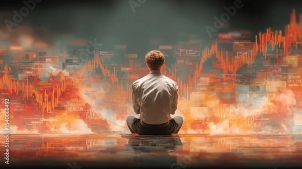 Obraz Man sits calmly in front of chaotic red financial graphs symbolizing market turbulence, crisis reflection, and economic pressure
