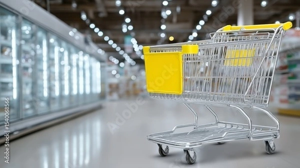 Obraz Empty shopping cart with yellow handle parked inside brightly lit supermarket aisle in front of freezer section with clean floor