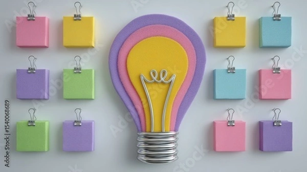 Obraz Colorful sticky notes arranged around textured layered light bulb cutout symbolizing idea generation and creative brainstorming