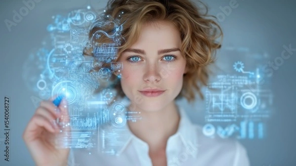 Obraz Confident businesswoman interacting with futuristic digital interface displaying glowing idea diagrams and strategy visualizations