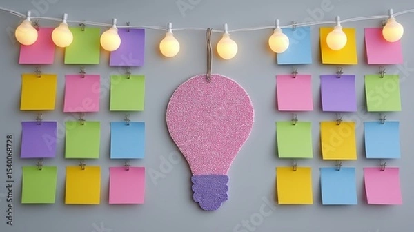 Obraz Colorful sticky notes arranged in grid pattern surrounding pink and purple light bulb cutout under glowing bulb string on wall