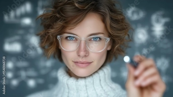 Obraz Focused woman in clear glasses holding pen with strategy diagrams and idea sketches glowing behind on a blurred conceptual background