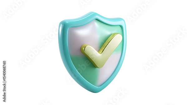 Fototapeta A glossy pastel blue and green 3D shield icon with a prominent checkmark symbol conveying a sense of security verification and approval