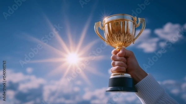 Obraz Hand holding golden trophy raised to bright sunny sky symbolizing victory, recognition, and the concept of success and achievement