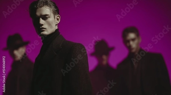 Obraz Serious man in striped suit and slick hair posing against deep purple background with group of blurred men behind him