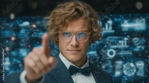Obraz Young tech founder in glasses pointing forward while presenting futuristic digital interface filled with data charts and innovation elements