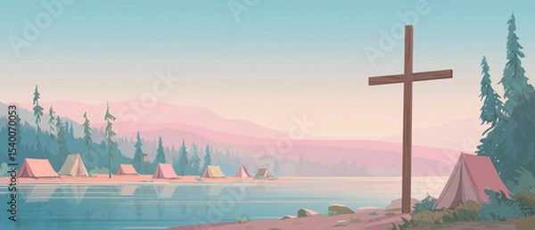 Obraz tranquil, warm tones nature scenery illustration with catholic crest, lake & camping tents; marketing design perfect for religious summer camps