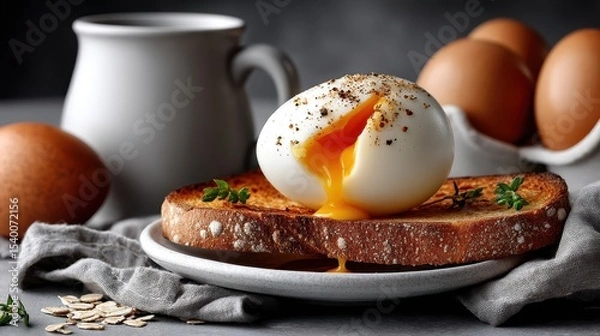 Fototapeta Breakfast of boiled egg and toasted bread served on a white plate on a gray table for a nutritious start to the day