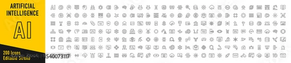Obraz Artificial Intelligence web icons in line style. Innovation technology, virtual, learning, assistant, test, machine, robot, bot, brain, collection. Vector illustration.