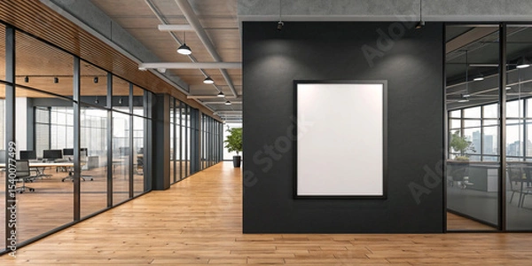 Fototapeta A Blank Poster Mockup on a Dark Wall in a Modern Office Setting for Creative Presentations