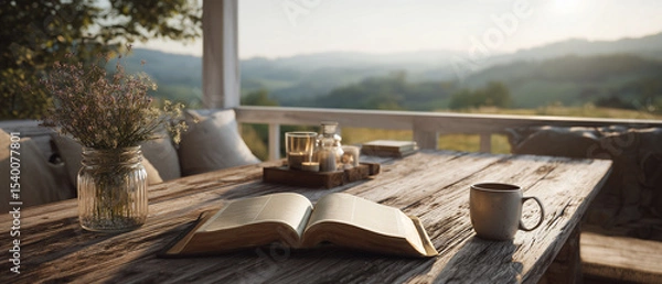 Obraz serene, rustic scene with open bible laying on the table outside, next to a coffee cup and tranquil nature landsape; concept of bible study, calmness, searching for answers