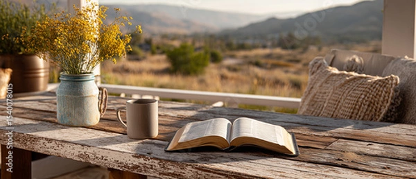 Obraz serene scene with open bible laying on the table outside, next to a coffee cup and tranquil mountains scenery; concept of bible study, calmness, searching for answers
