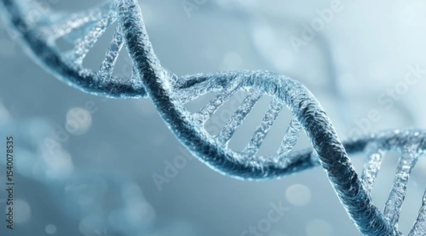 Fototapeta A detailed 3D rendering of a DNA double helix, rendered in cool, icy blue tones against a soft, blurred background