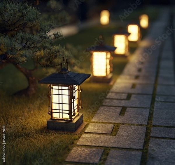Fototapeta Serene nighttime garden path lined with illuminated Asian-style lanterns, bordered by manicured grass and a bonsai-like tree