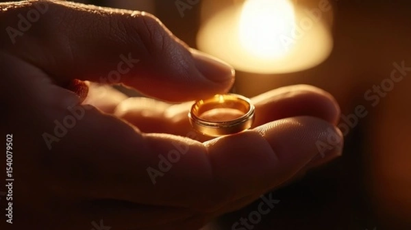 Fototapeta A hand holds a wedding ring illuminated by soft light, symbolizing love and commitment.