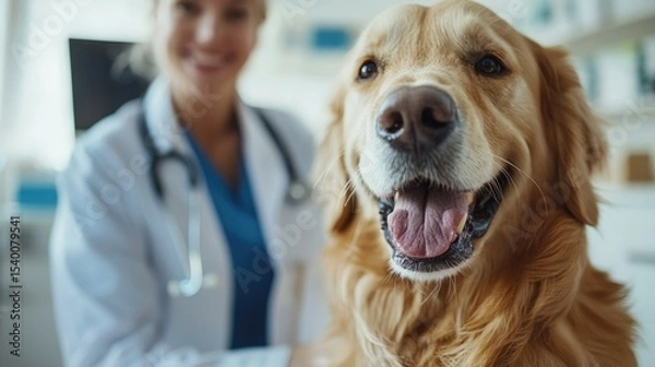 Fototapeta Friendly golden retriever with a smiling vet in a clinic setting.