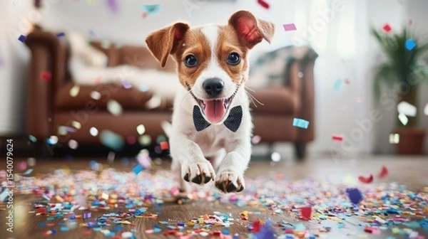 Fototapeta Playful dog wearing a bowtie jumps through colorful confetti in a festive setting.