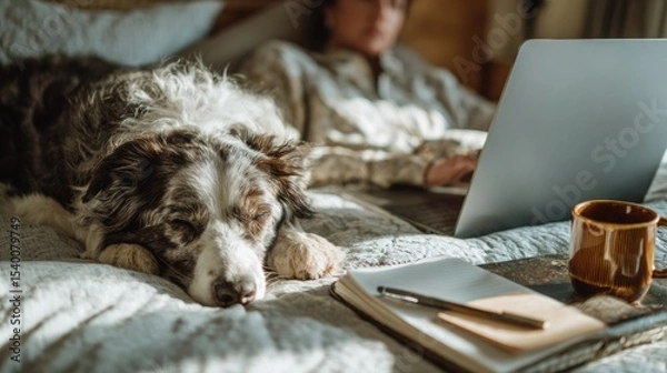 Fototapeta Cozy scene of a person working on a laptop with a dog resting beside them.