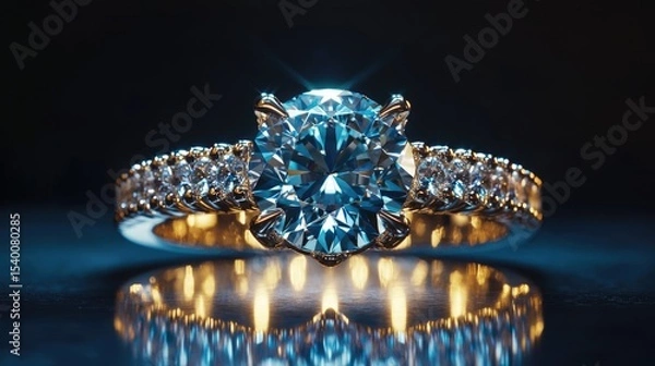 Fototapeta Stunning diamond ring with intricate setting and brilliant shine on a reflective surface.